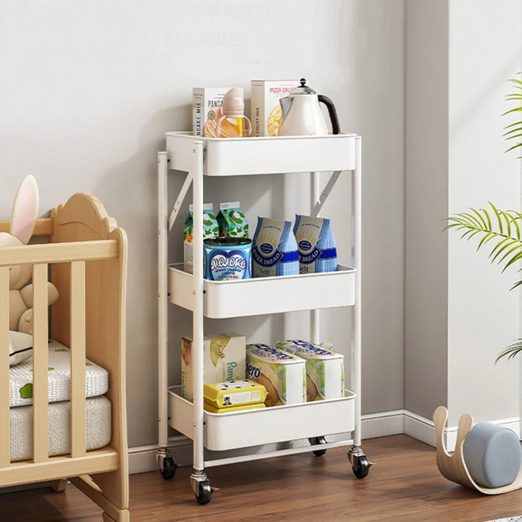 Steel White Foldable Kitchen Cart 3 Tier Multi-Functional Shelves Portable Storage Organizer with Wheels