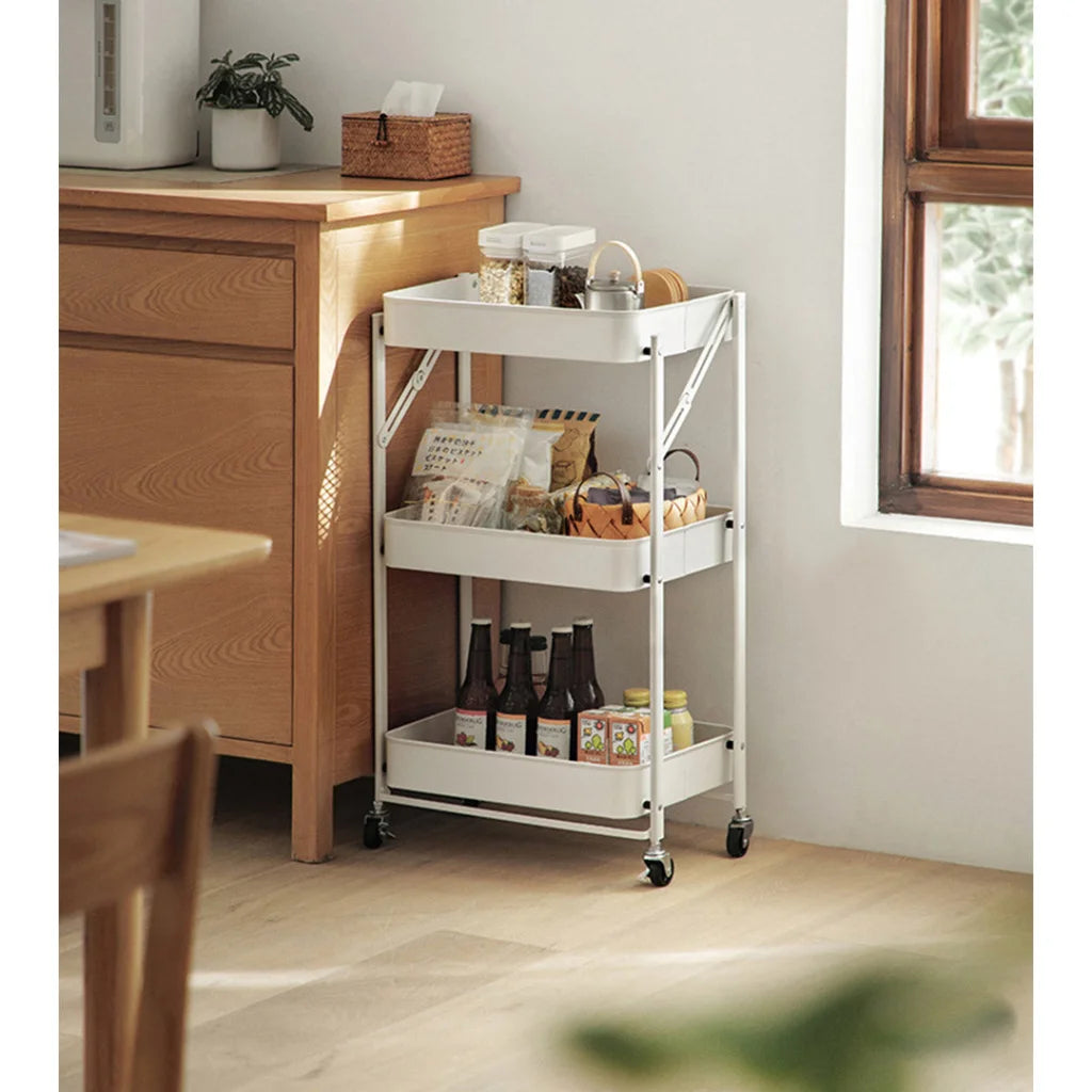 Steel White Foldable Kitchen Cart 3 Tier Multi-Functional Shelves Portable Storage Organizer with Wheels