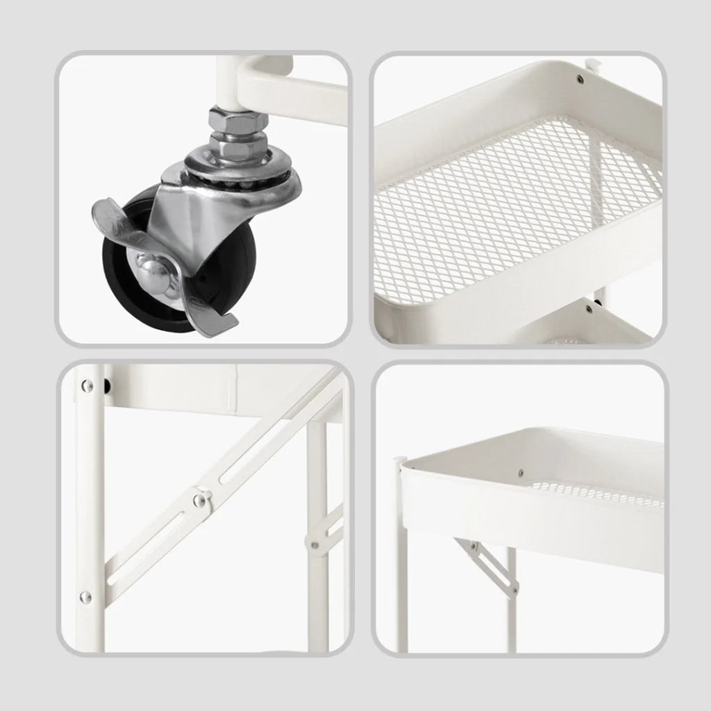 Steel White Foldable Kitchen Cart 3 Tier Multi-Functional Shelves Portable Storage Organizer with Wheels
