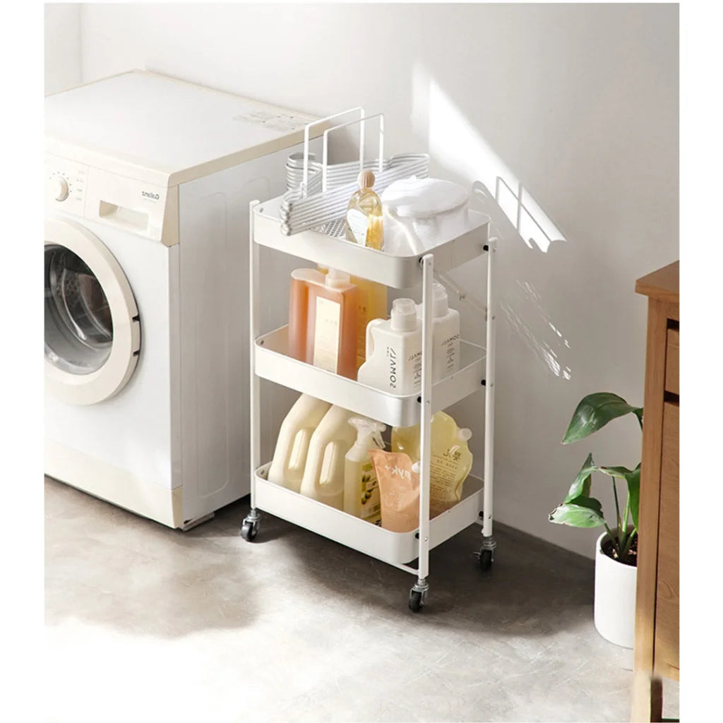 Steel White Foldable Kitchen Cart 3 Tier Multi-Functional Shelves Portable Storage Organizer with Wheels