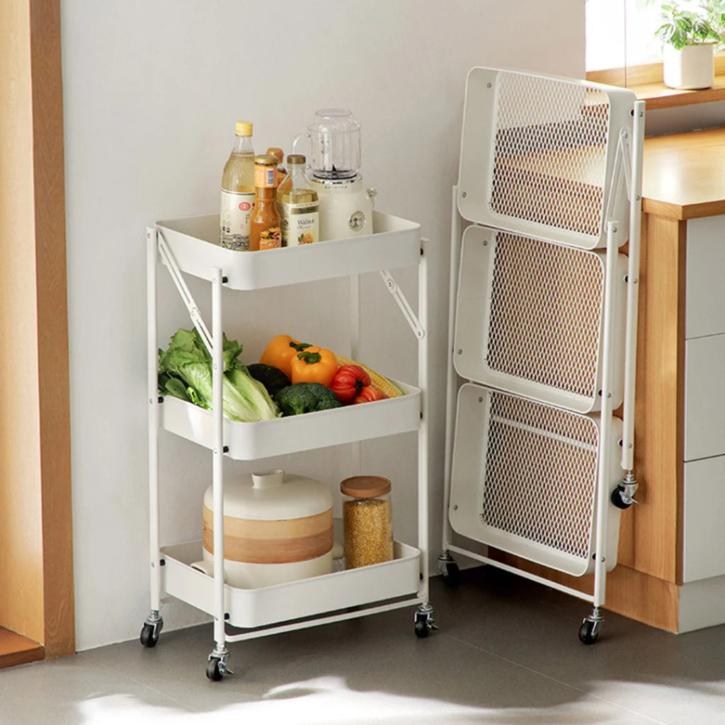 Steel White Foldable Kitchen Cart 3 Tier Multi-Functional Shelves Portable Storage Organizer with Wheels