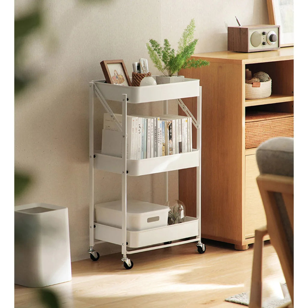Steel White Foldable Kitchen Cart 3 Tier Multi-Functional Shelves Portable Storage Organizer with Wheels