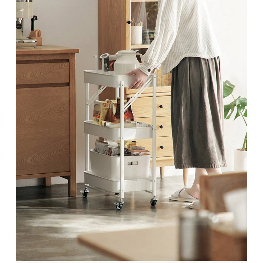 Steel White Foldable Kitchen Cart 3 Tier Multi-Functional Shelves Portable Storage Organizer with Wheels