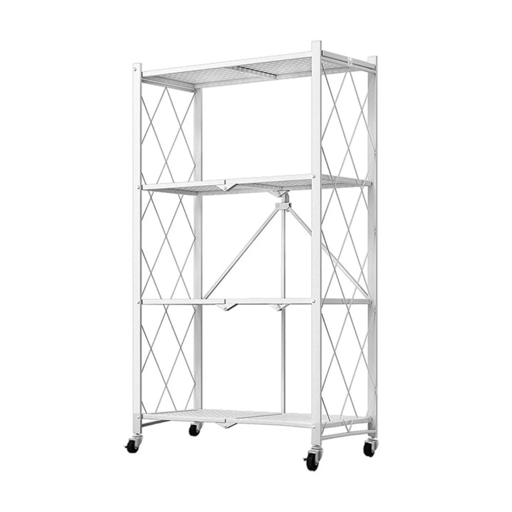 Steel White Foldable Kitchen Cart 4 Tier Multi-Functional Shelves Portable Storage Organizer with Wheels