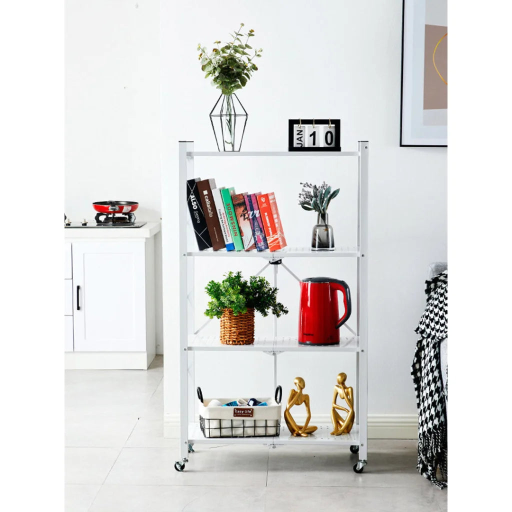 Steel White Foldable Kitchen Cart 4 Tier Multi-Functional Shelves Portable Storage Organizer with Wheels