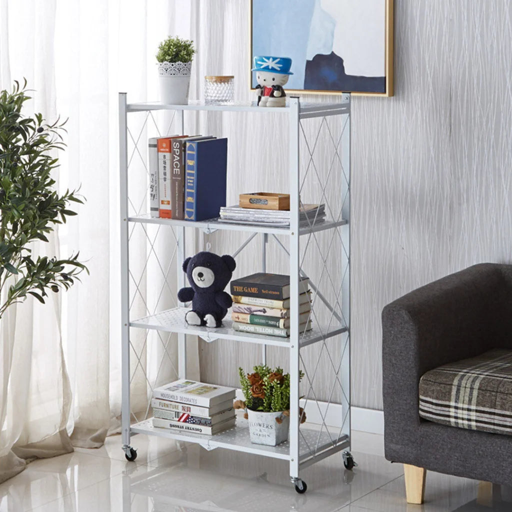 Steel White Foldable Kitchen Cart 4 Tier Multi-Functional Shelves Portable Storage Organizer with Wheels