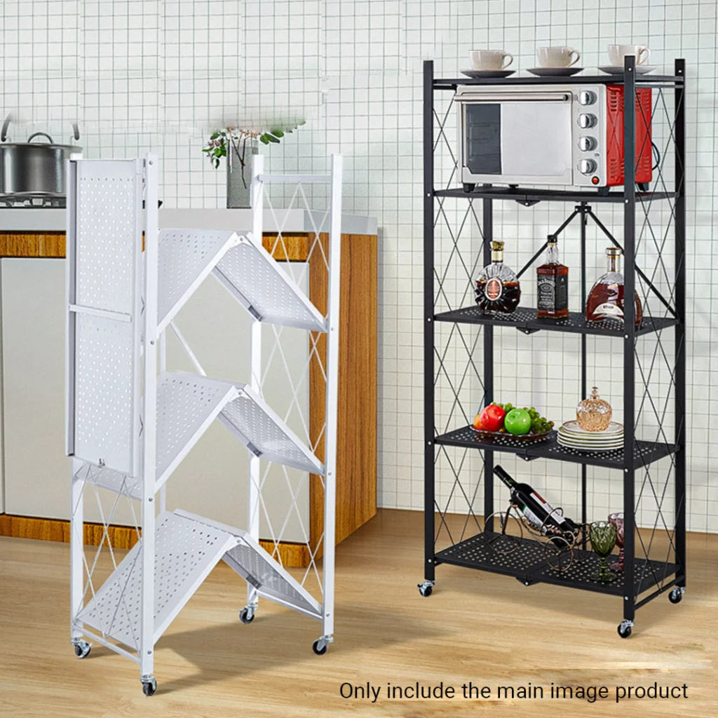 Steel White Foldable Kitchen Cart 4 Tier Multi-Functional Shelves Portable Storage Organizer with Wheels