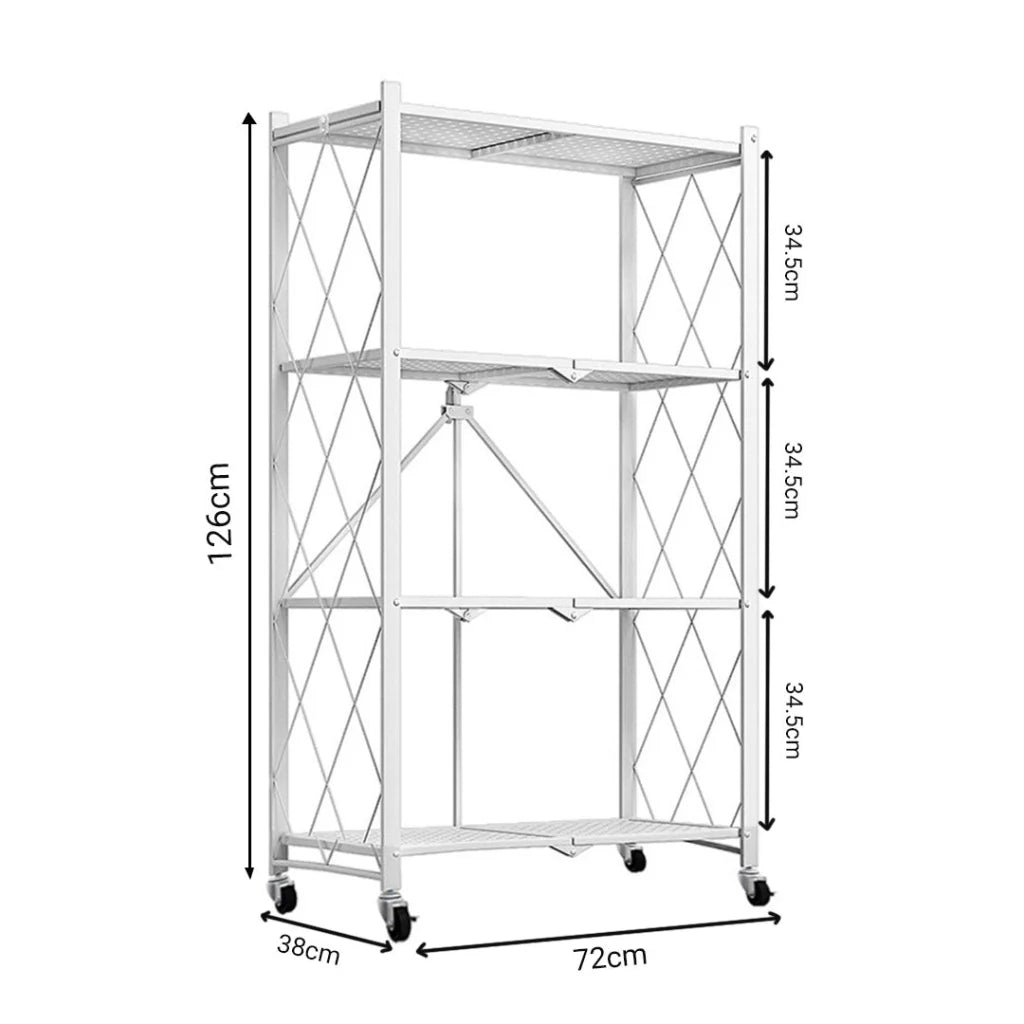 Steel White Foldable Kitchen Cart 4 Tier Multi-Functional Shelves Portable Storage Organizer with Wheels