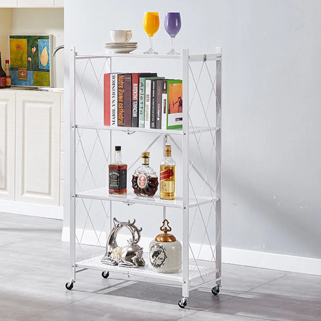 Steel White Foldable Kitchen Cart 4 Tier Multi-Functional Shelves Portable Storage Organizer with Wheels