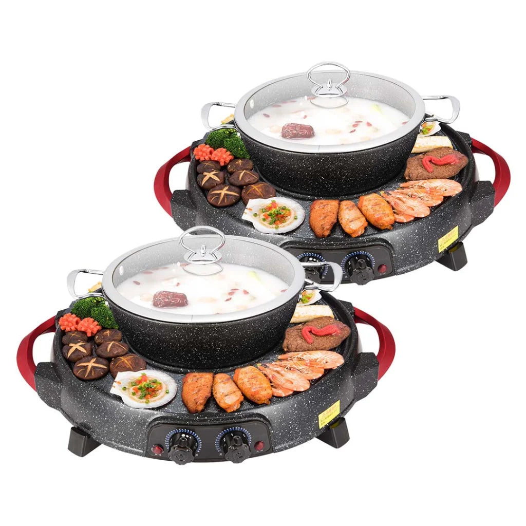 Stone Coated Grill Plate Set Premium 2X 2-in-1 Teppanyaki Steamboat Hotpot