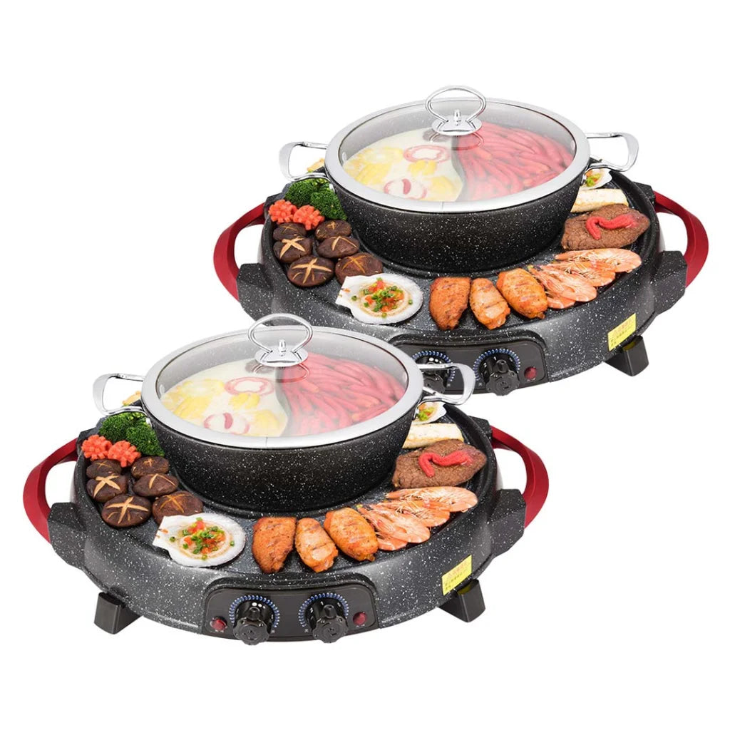 Stone Coated Hotpot Set Premium 2X 2-in-1 Grill Plate Steamboat Dual Division