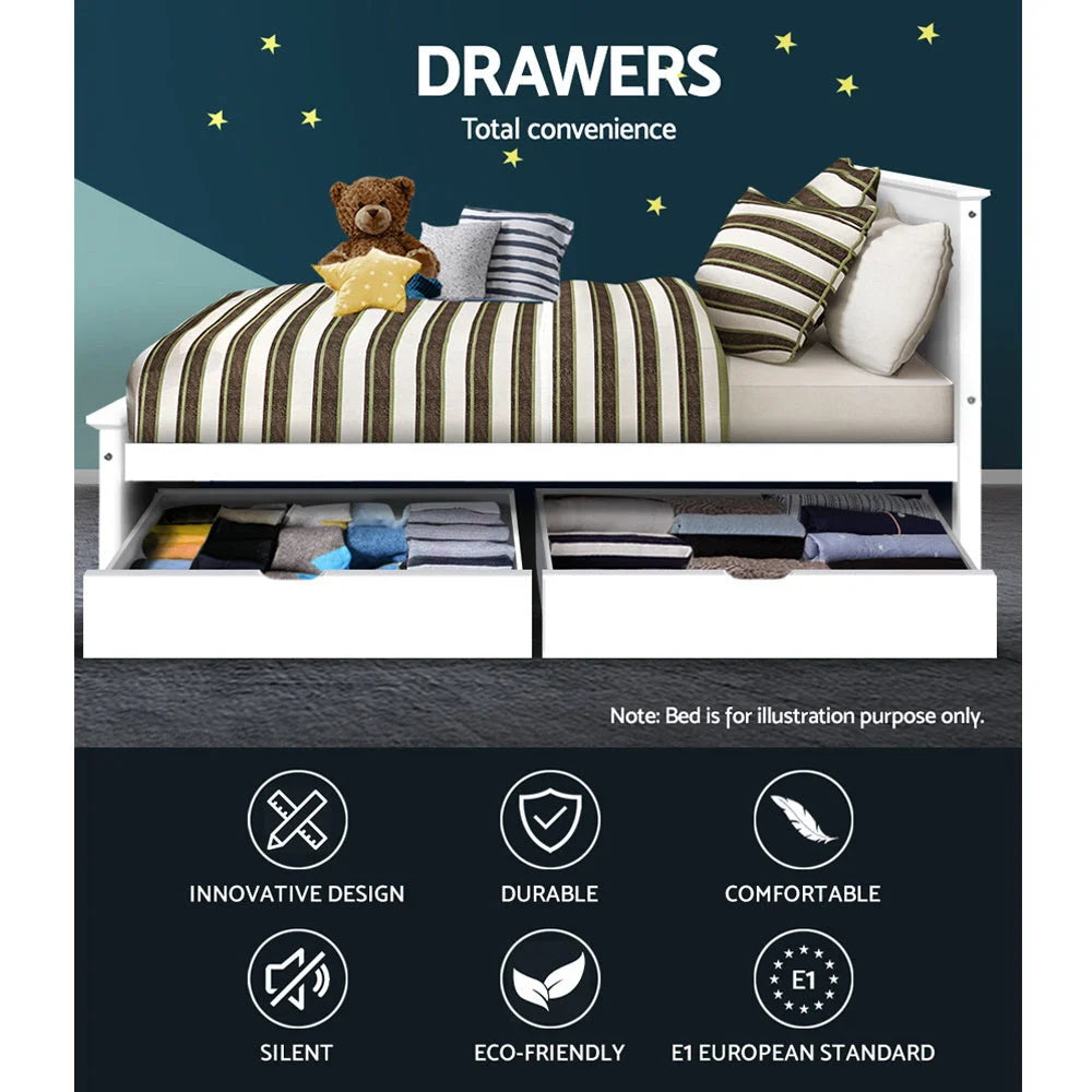 Storage Drawers Trundle 2x for Single Wooden Bed Frame Base