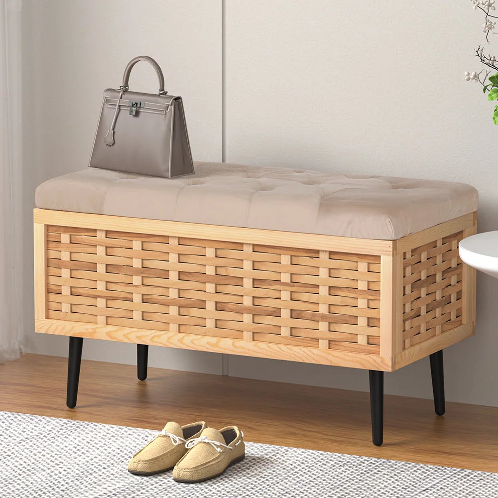 Storage Ottoman Blanket Box 80CM Weaved Velvet - Pine