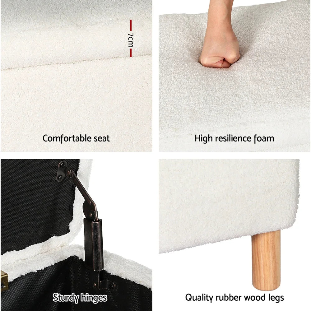 Storage Ottoman Blanket Box 99cm Teddy Fabric white 212