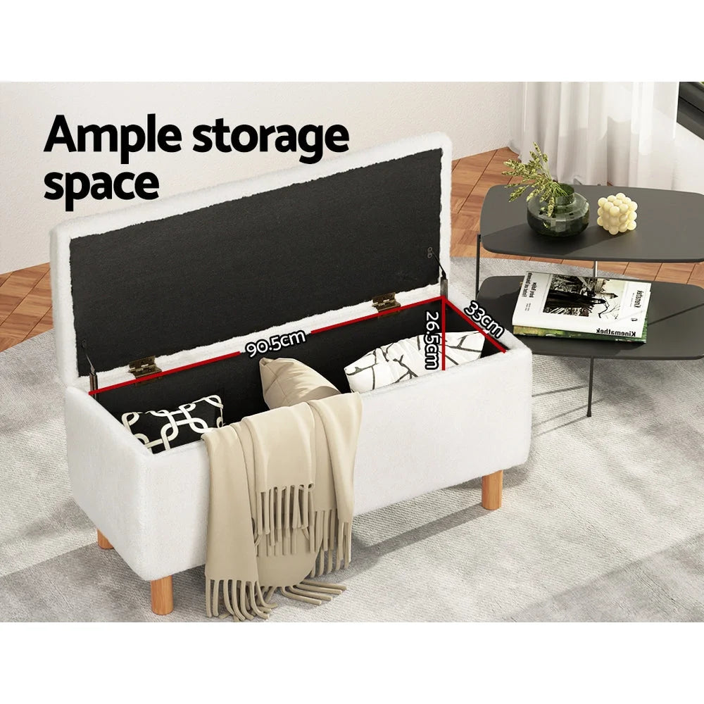 Storage Ottoman Blanket Box 99cm Teddy Fabric white 981