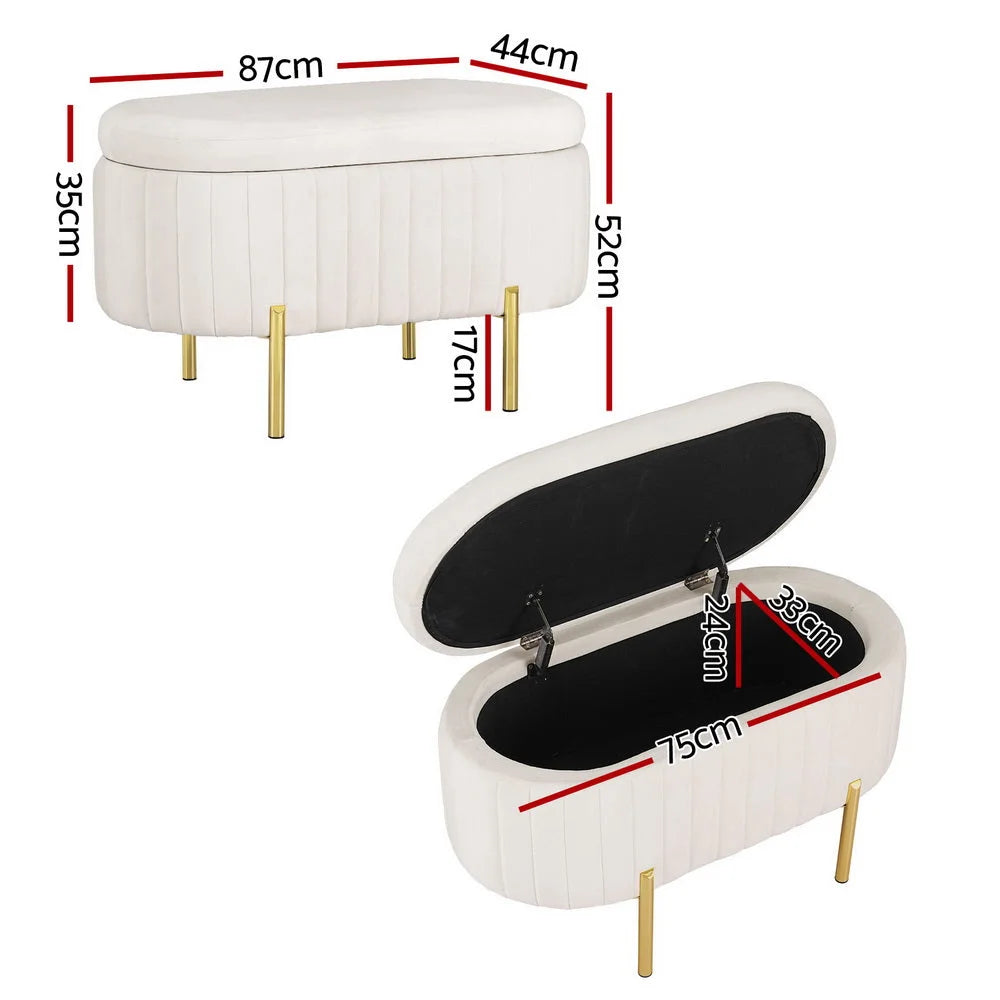 White velvet 97cm storage ottoman blanket with colour matched pieces and support fittings