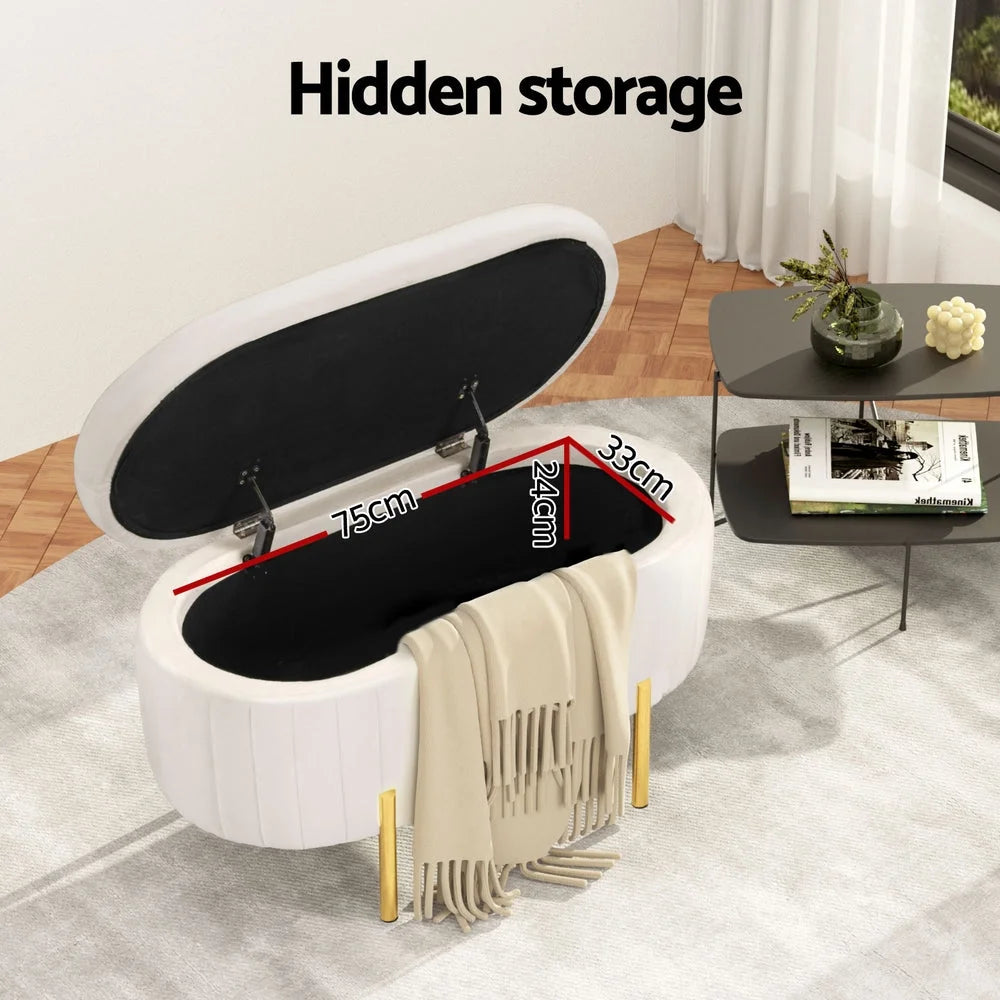 White velvet 97cm storage ottoman blanket with matching accessories and clear item layout