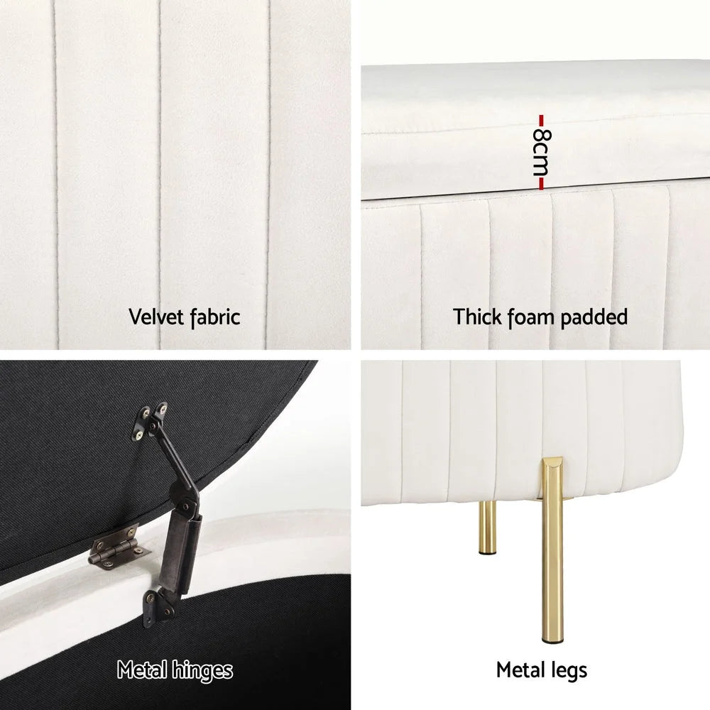 White velvet 97cm storage ottoman blanket with boxed accessories and matching pieces