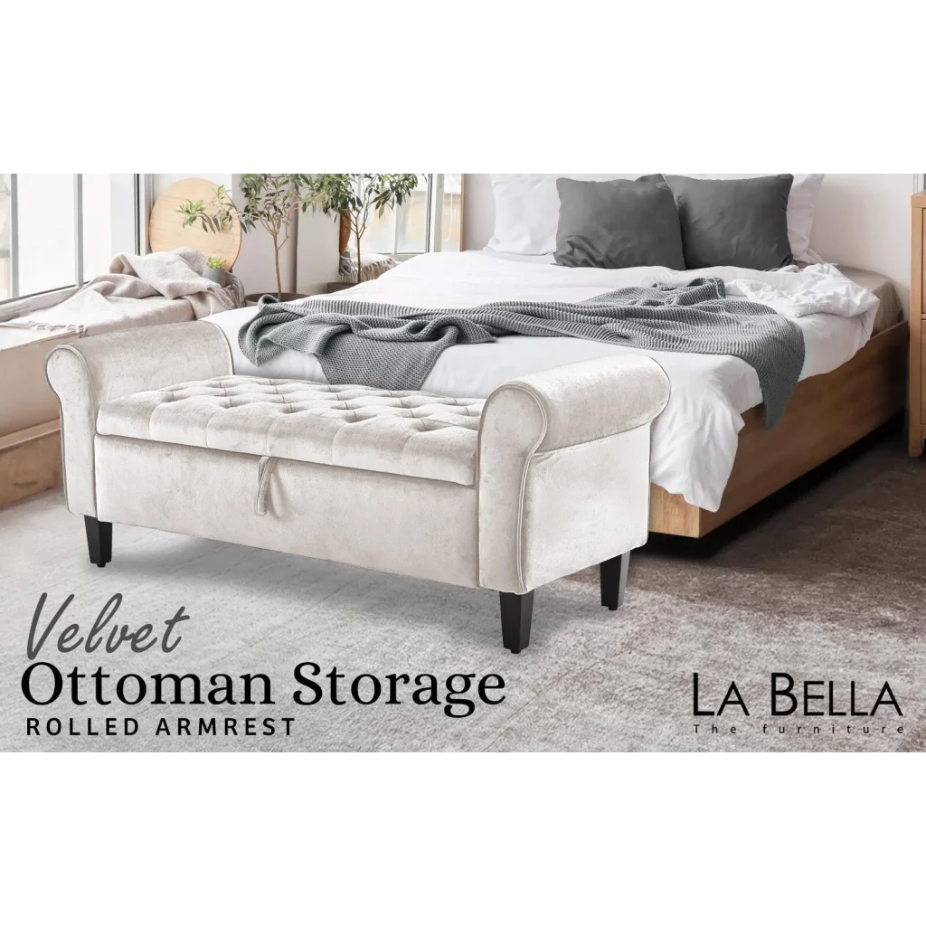Storage Ottoman Stool Arm Bench Seat 132cm Velvet BEIGE