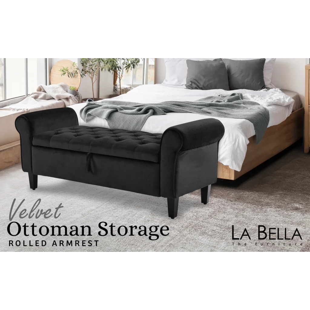 Storage Ottoman Stool Arm Bench Seat 132cm - Velvet Black