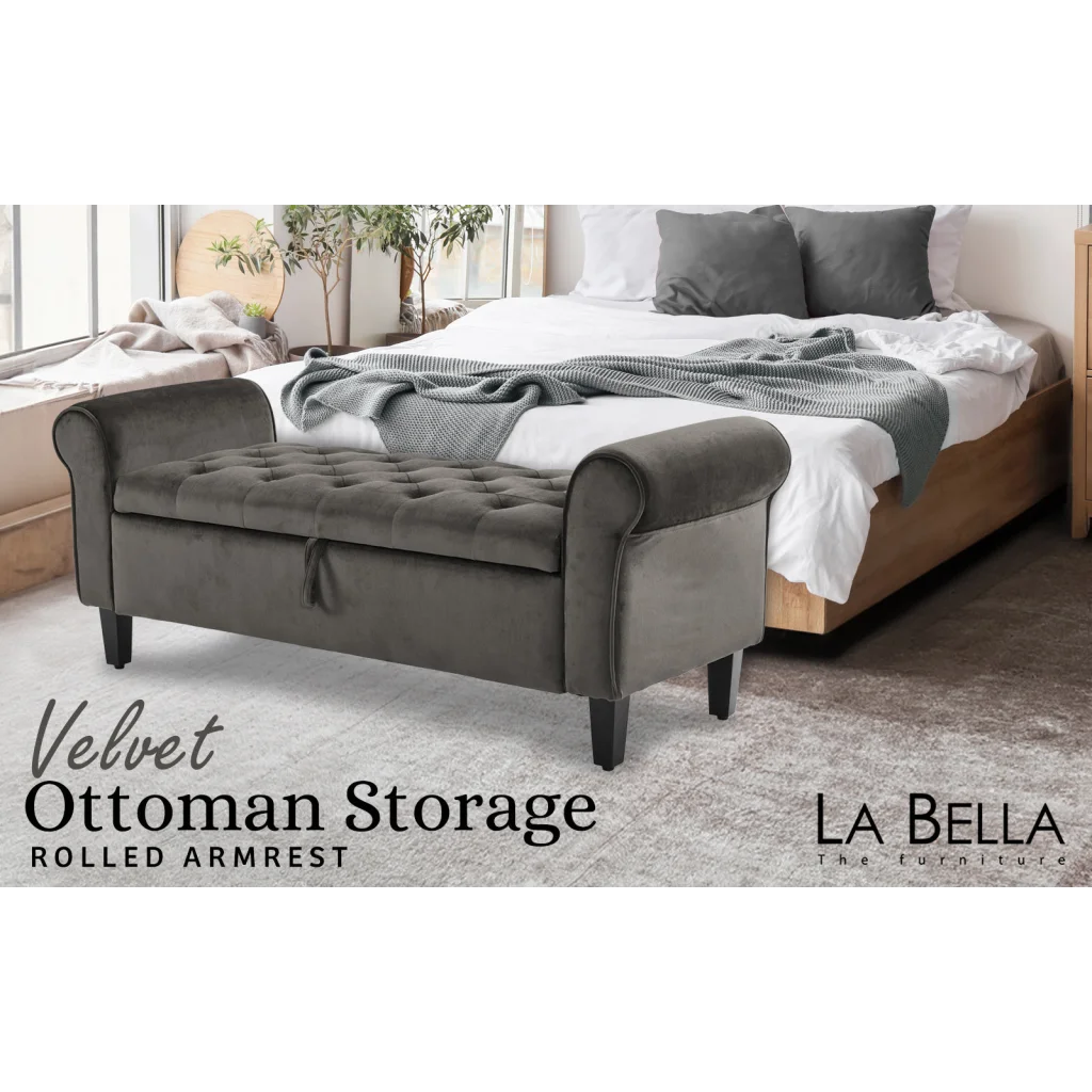 Storage Ottoman Stool Arm Bench Seat 132cm - Velvet Grey