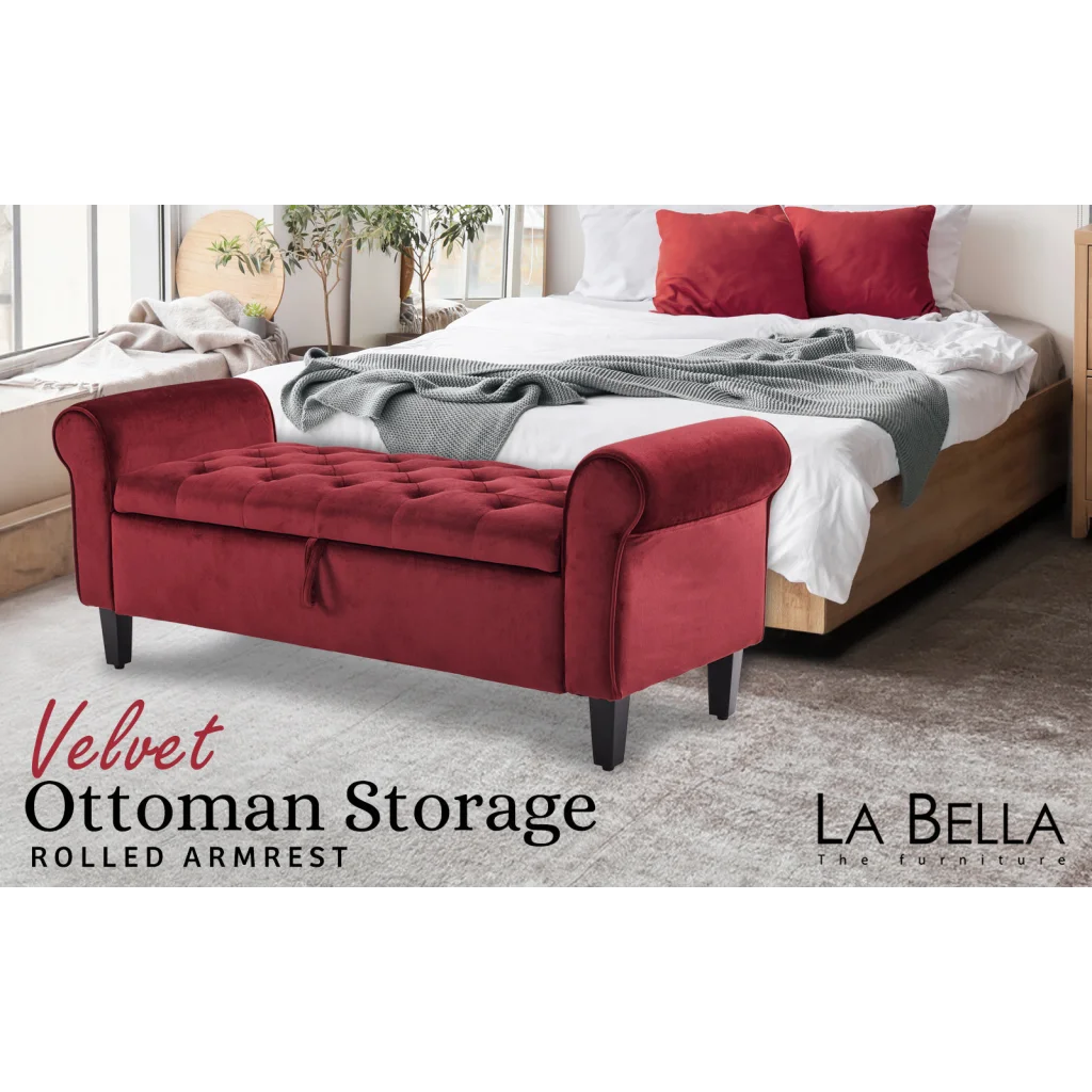 Storage Ottoman Stool Arm Bench Seat 132cm Velvet RED