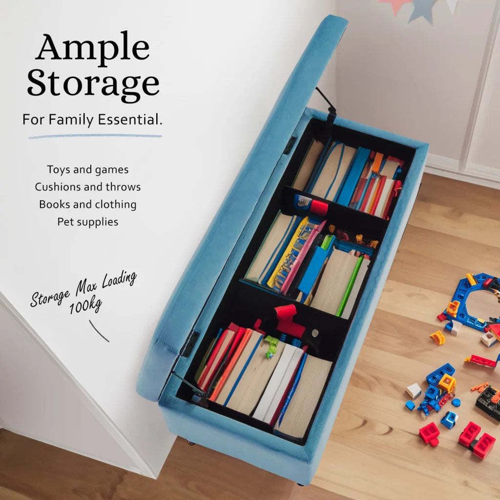 Storage Ottoman Stool Bench Seat 110cm - Velvet Ocean Blue