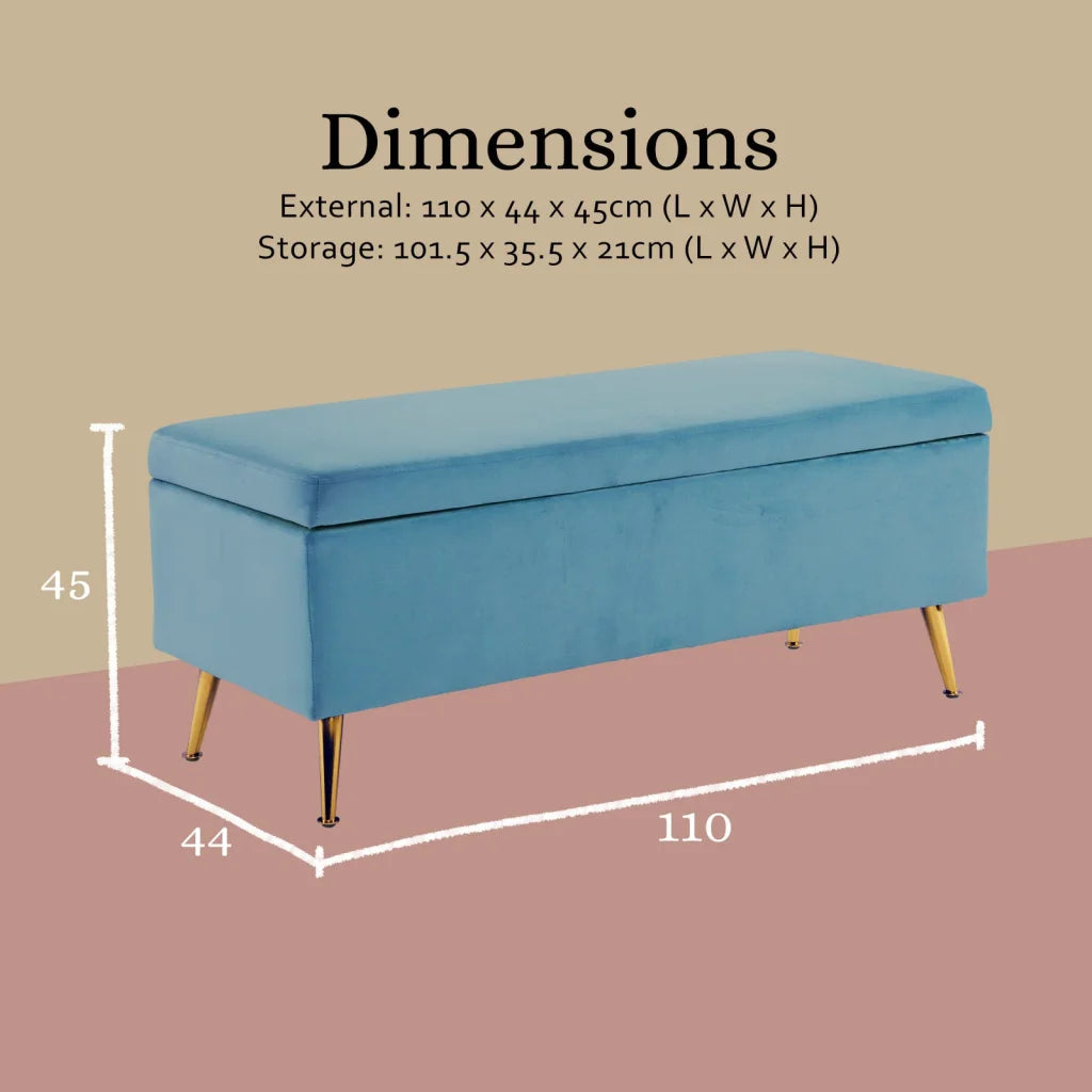 Storage Ottoman Stool Bench Seat 110cm - Velvet Ocean Blue