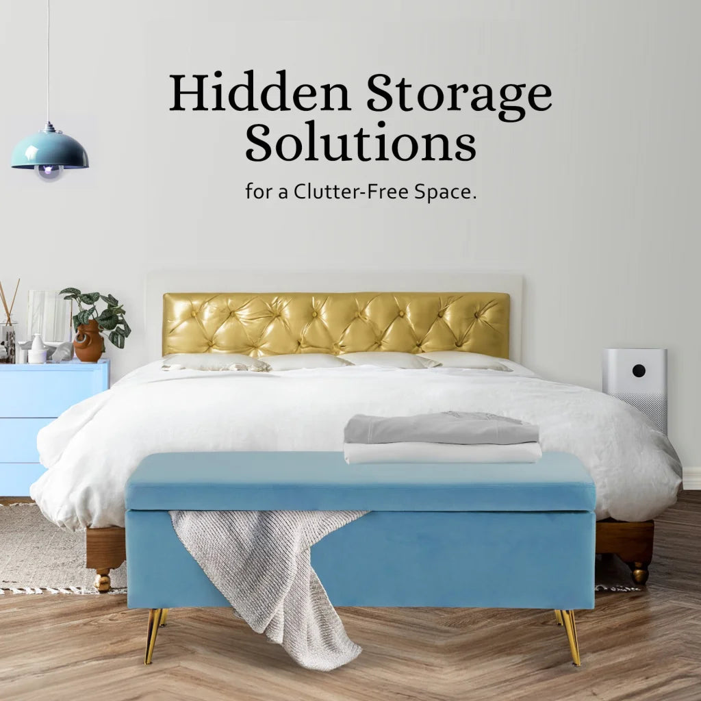 Storage Ottoman Stool Bench Seat 110cm - Velvet Ocean Blue