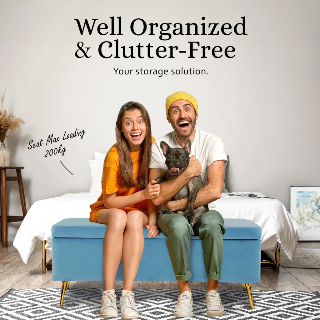 Storage Ottoman Stool Bench Seat 110cm - Velvet Ocean Blue