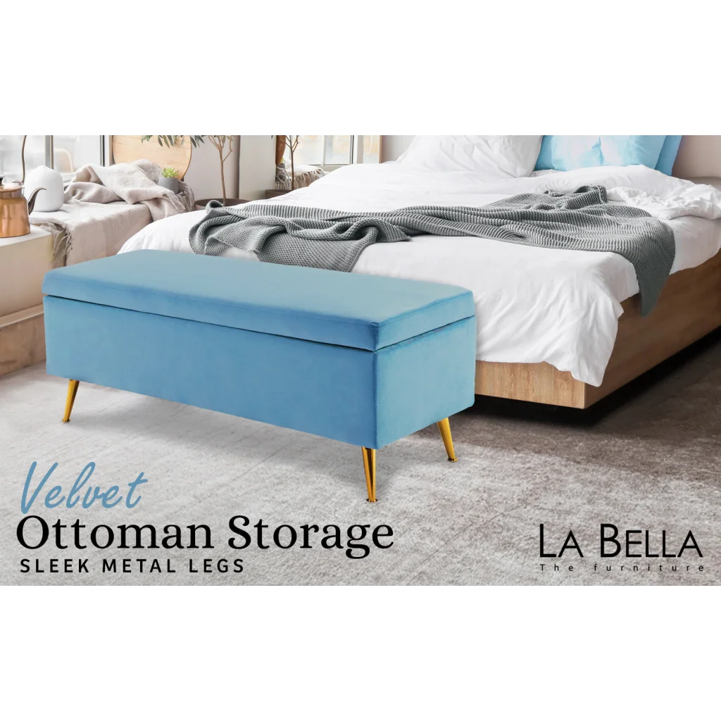 Storage Ottoman Stool Bench Seat 110cm - Velvet Ocean Blue
