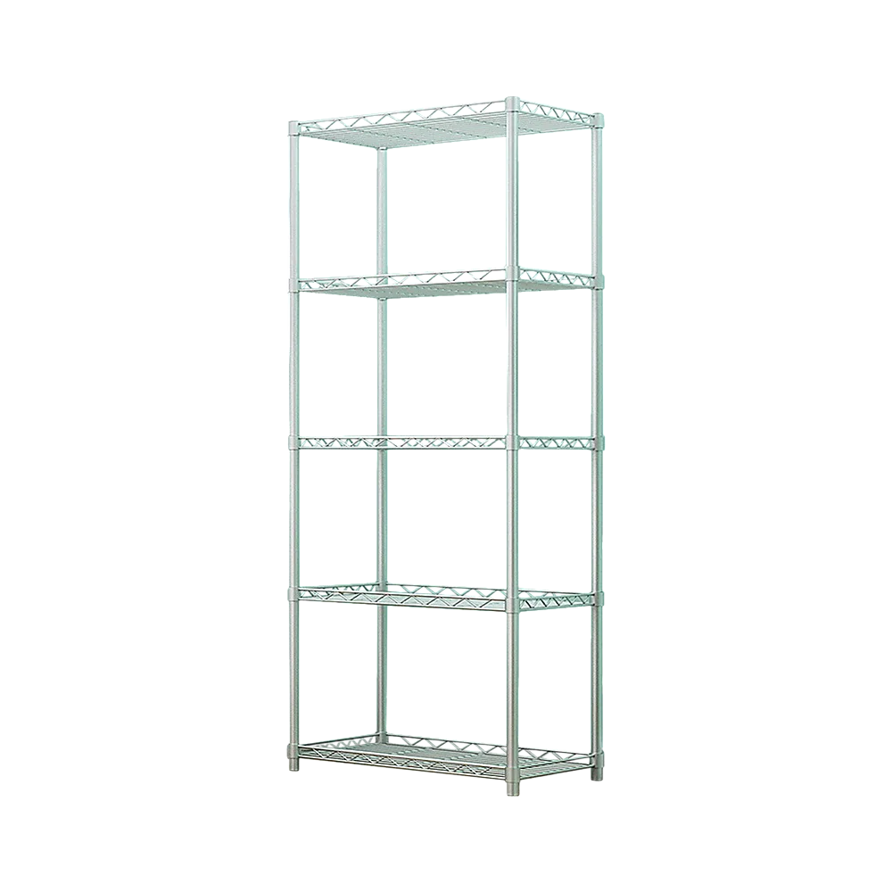 Silver metal storage rack with open shelves and sturdy supports