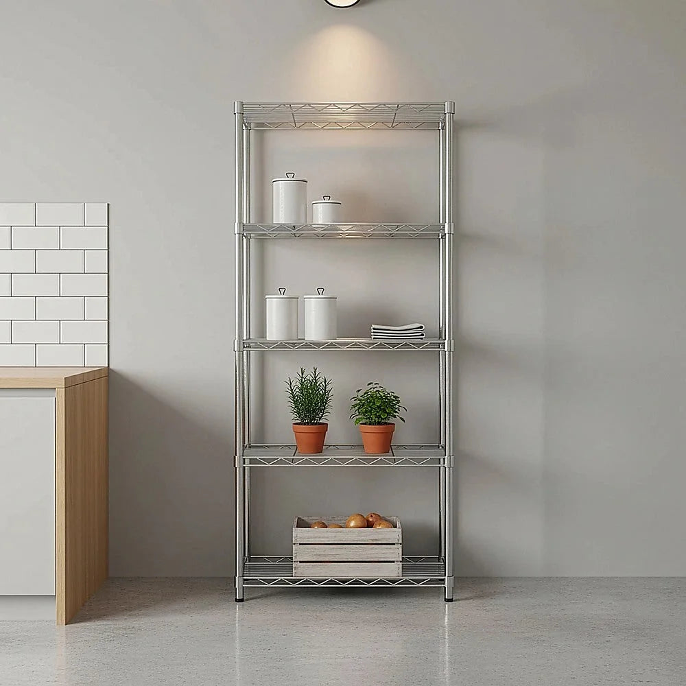 Silver metal storage rack with upright supports and shelf tiers