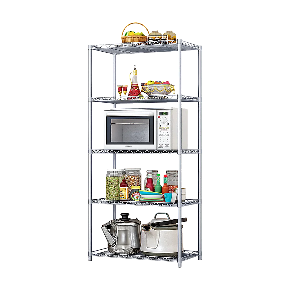 Silver metal storage rack with adjustable supports and fitted brackets