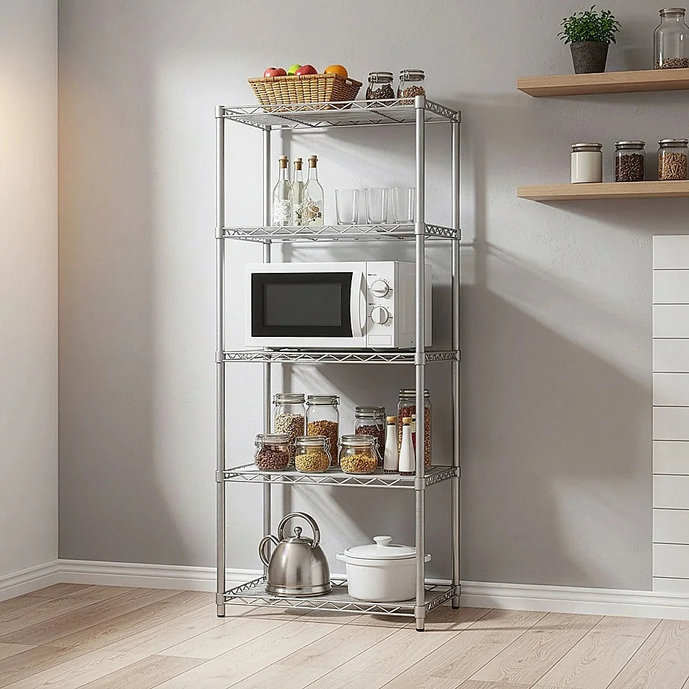 Silver metal storage rack with display shelves and upright posts