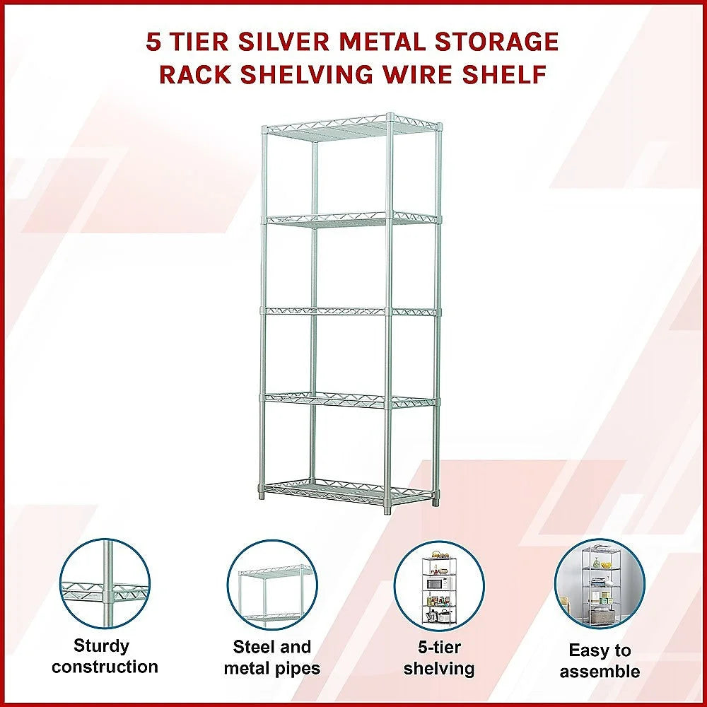 Silver metal storage rack with tiered shelves and metal supports