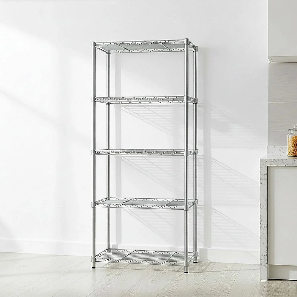 Silver metal storage rack with slim posts and mounting brackets