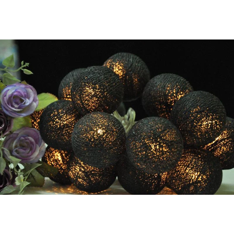 String Lights 20 LED Black 5cm Cotton Ball Battery Powered