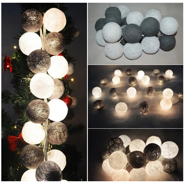 String Lights 20 LED Black White 5cm Cotton Ball Battery