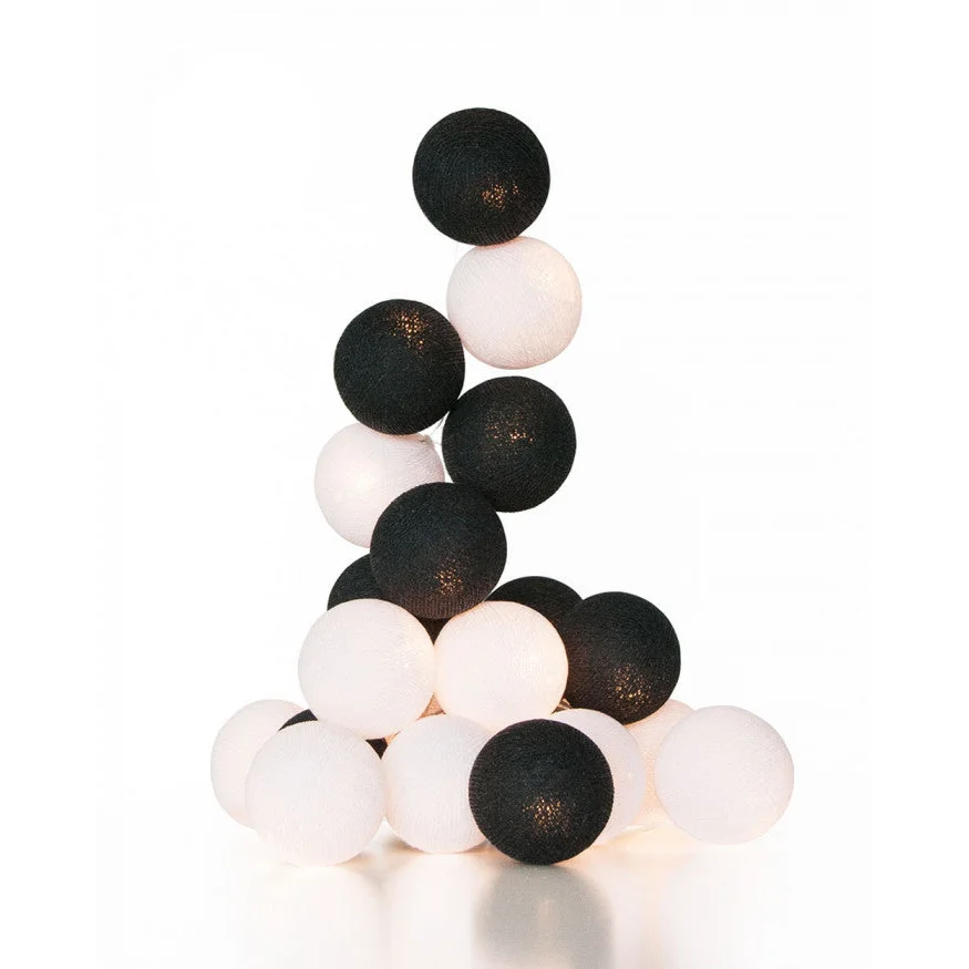 String Lights 20 LED Black White 5cm Cotton Ball Battery