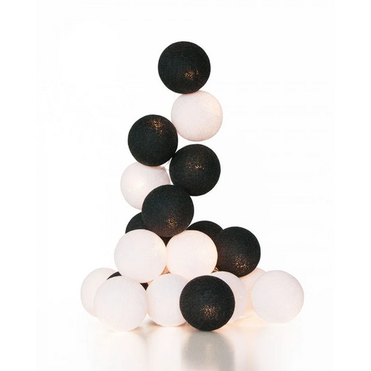 String Lights 20 LED Black White 5cm Cotton Ball Battery