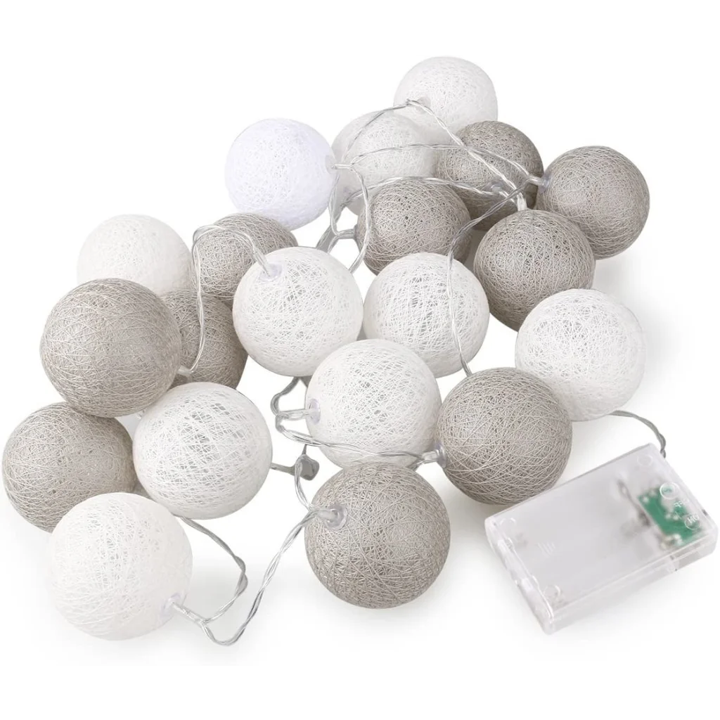 String Lights 20 LED Grey White 5cm Cotton Ball Battery