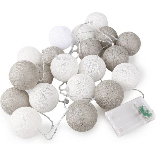 String Lights 20 LED Grey White 5cm Cotton Ball Battery