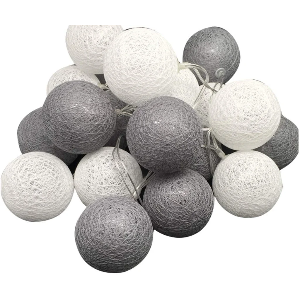 String Lights 20 LED Grey White 5cm Cotton Ball Battery