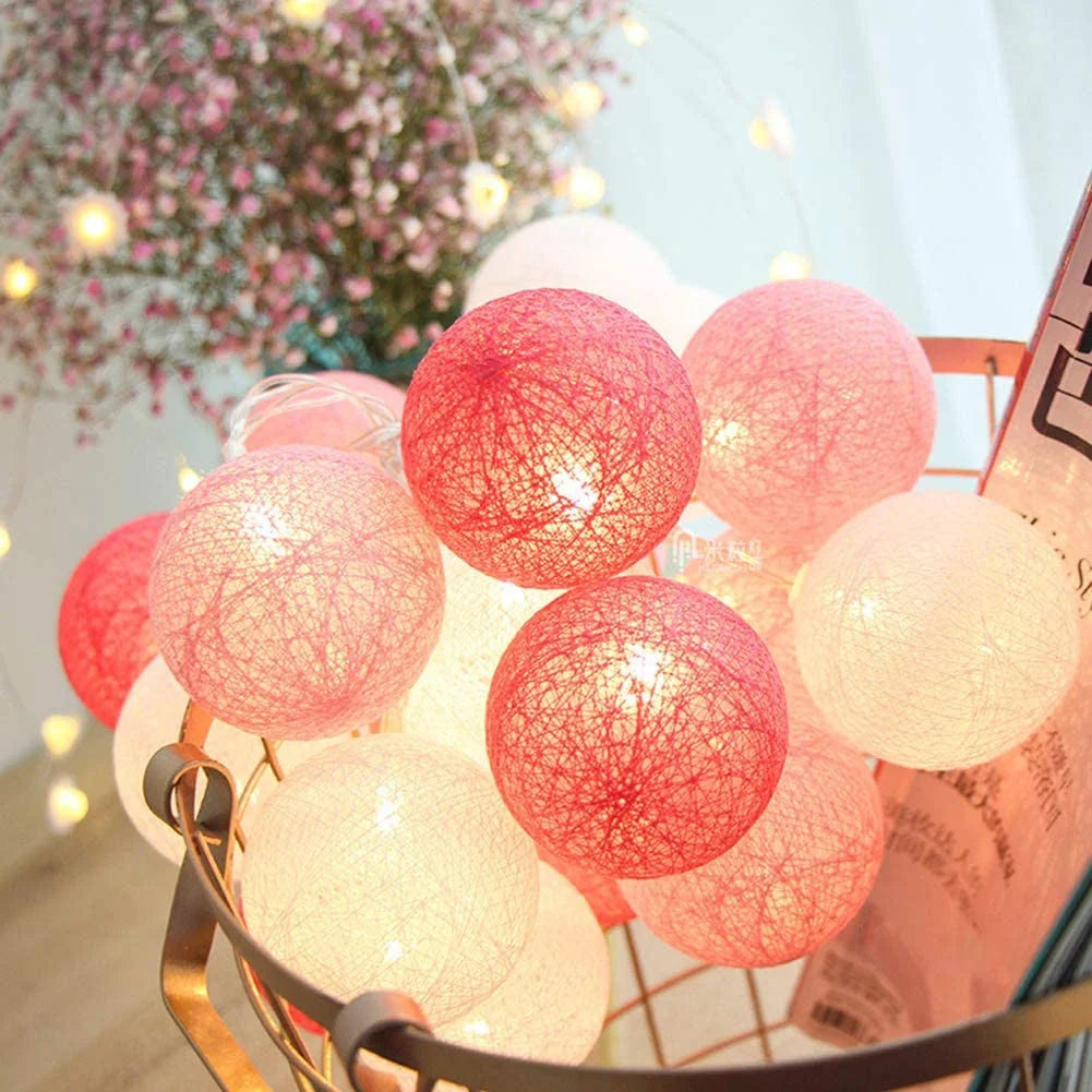 String Lights 20 LED Pink 5cm Cotton Ball Battery Powered