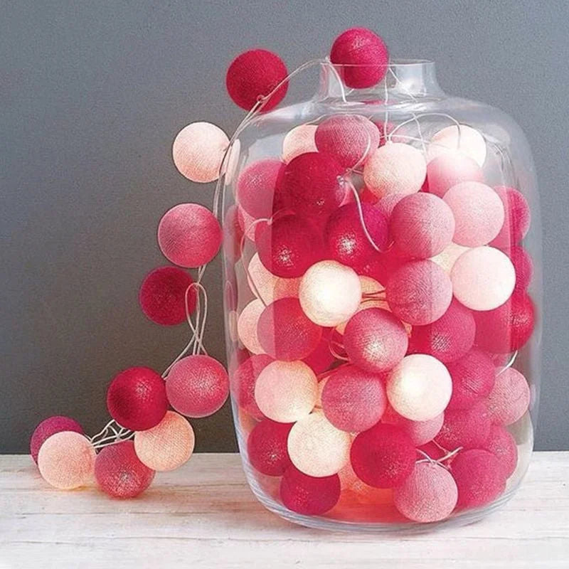 String Lights 20 LED Pink 5cm Cotton Ball Battery Powered