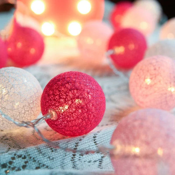 String Lights 20 LED Pink 5cm Cotton Ball Battery Powered