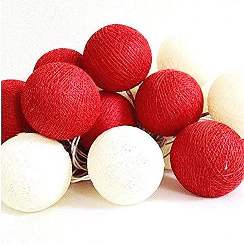 String Lights 20 LED Red White 5cm Cotton Ball Battery