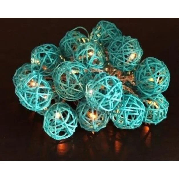 String Lights 20 LED Turquoise 5cm Rattan Cane Ball Battery