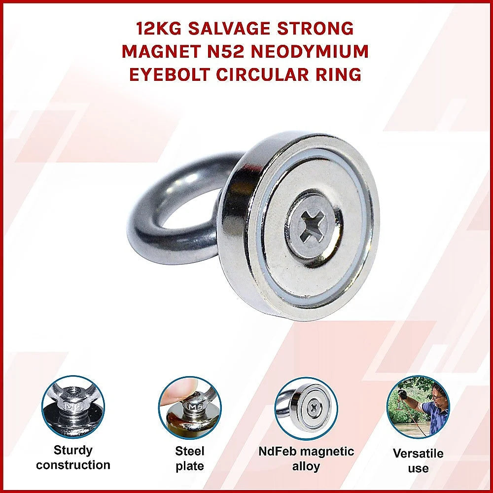Strong Salvage Magnet 12Kg N52 Neodymium Eyebolt Circular